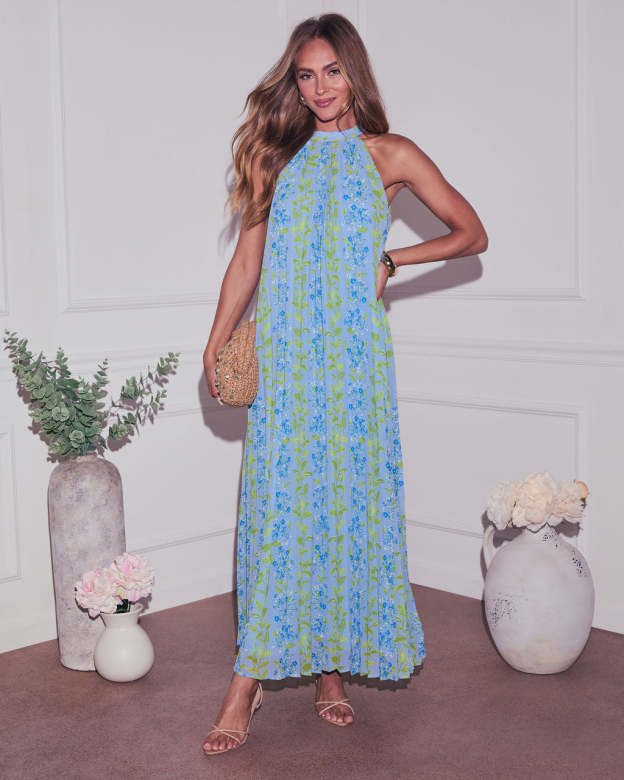 Vaughn Floral Pleated Halter Maxi Dress-Matylis