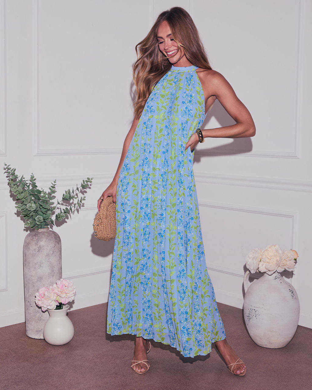 Vaughn Floral Pleated Halter Maxi Dress-Matylis