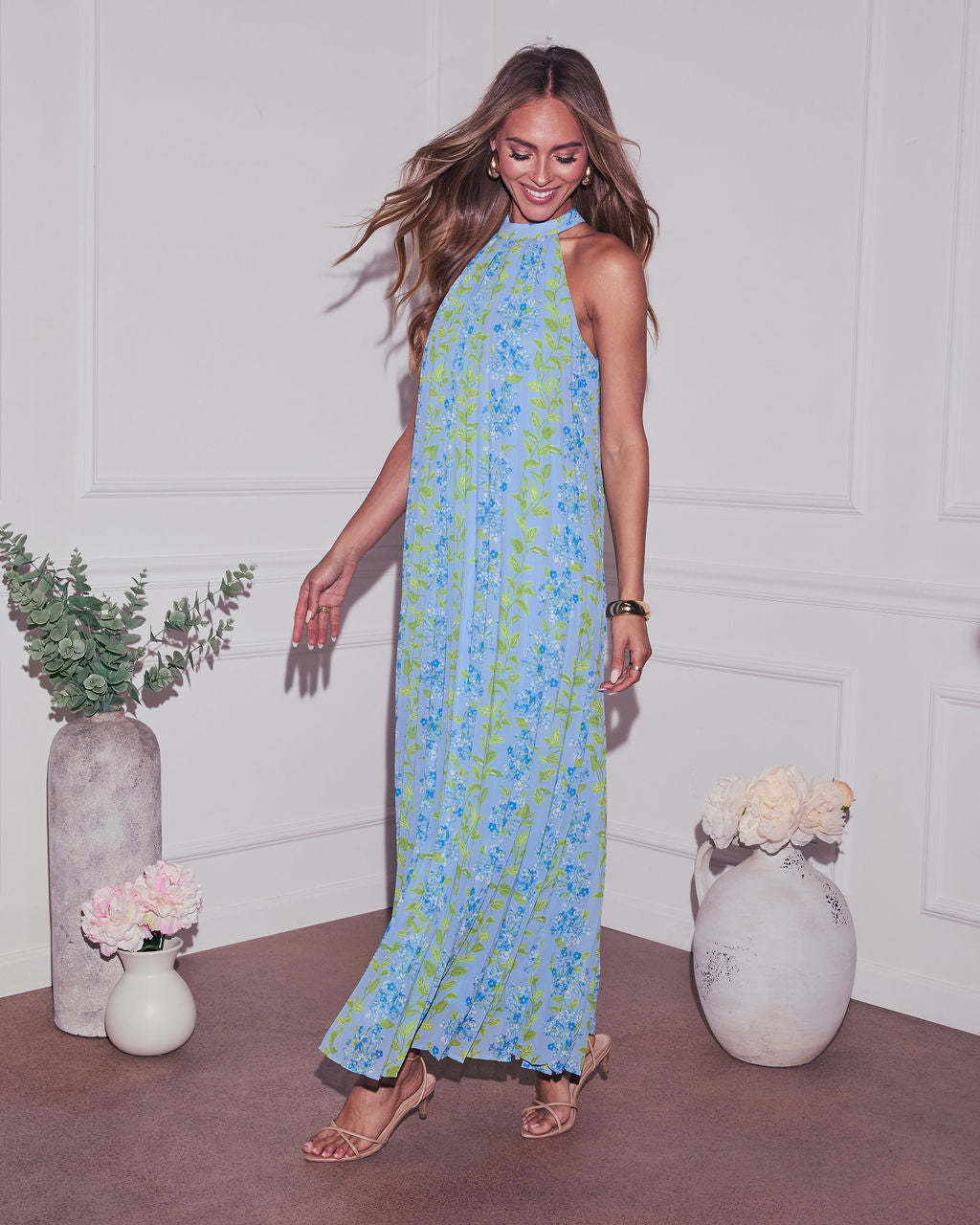 Vaughn Floral Pleated Halter Maxi Dress-Matylis