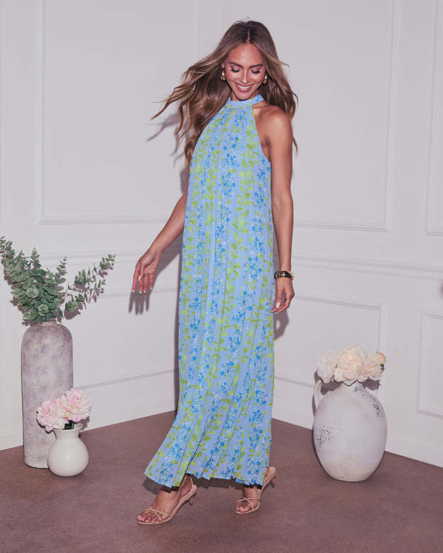 Vaughn Floral Pleated Halter Maxi Dress-Matylis