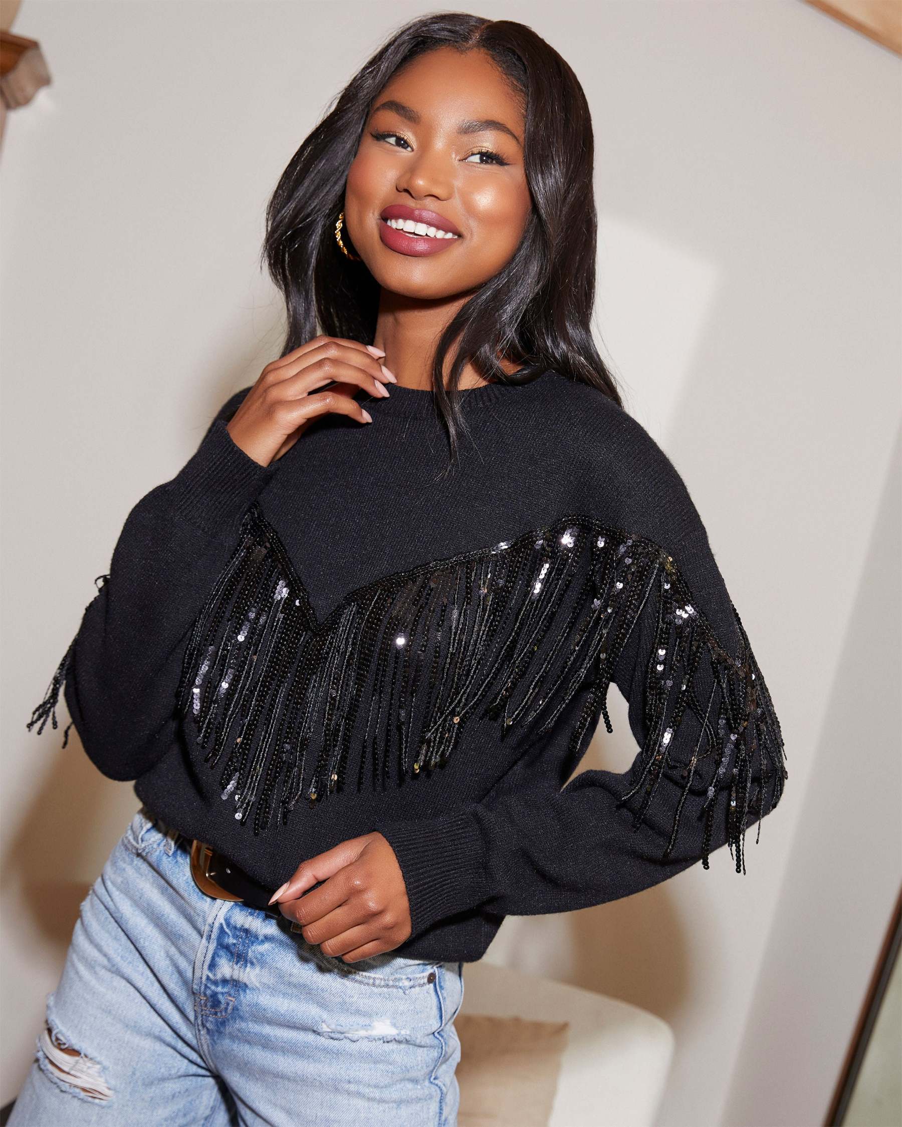 Western Glam Knit Fringe Sequin Pullover Sweater-Matylis