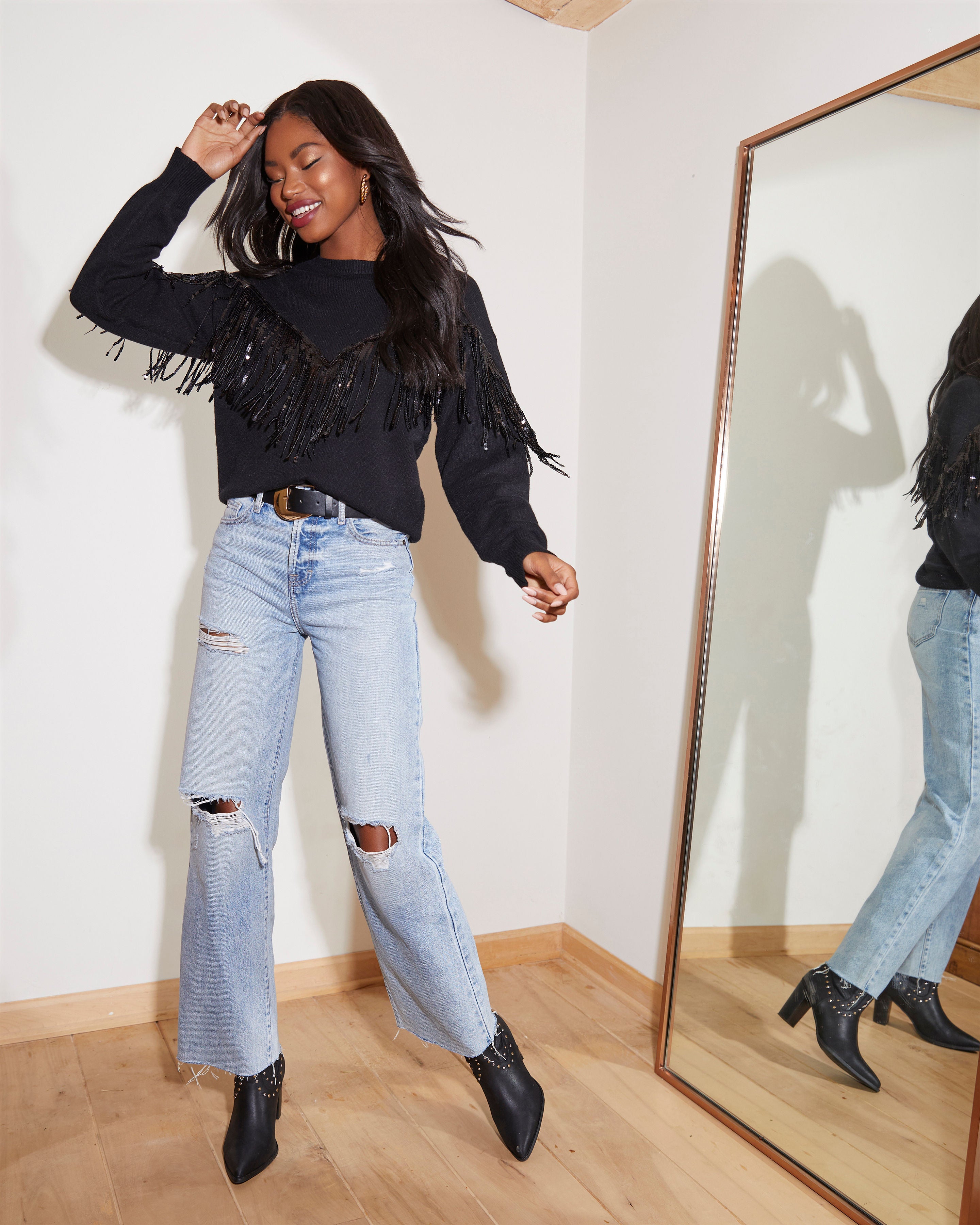 Western Glam Knit Fringe Sequin Pullover Sweater-Matylis
