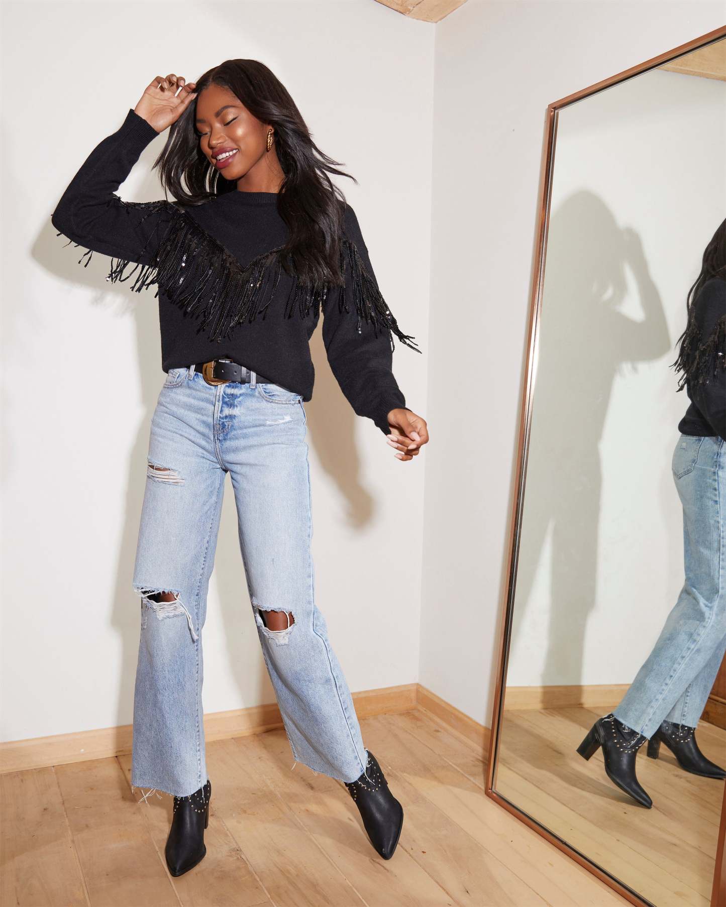 Western Glam Knit Fringe Sequin Pullover Sweater-Matylis