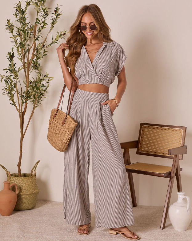 Thea Striped Short Sleeve Wrap Crop Top-Matylis