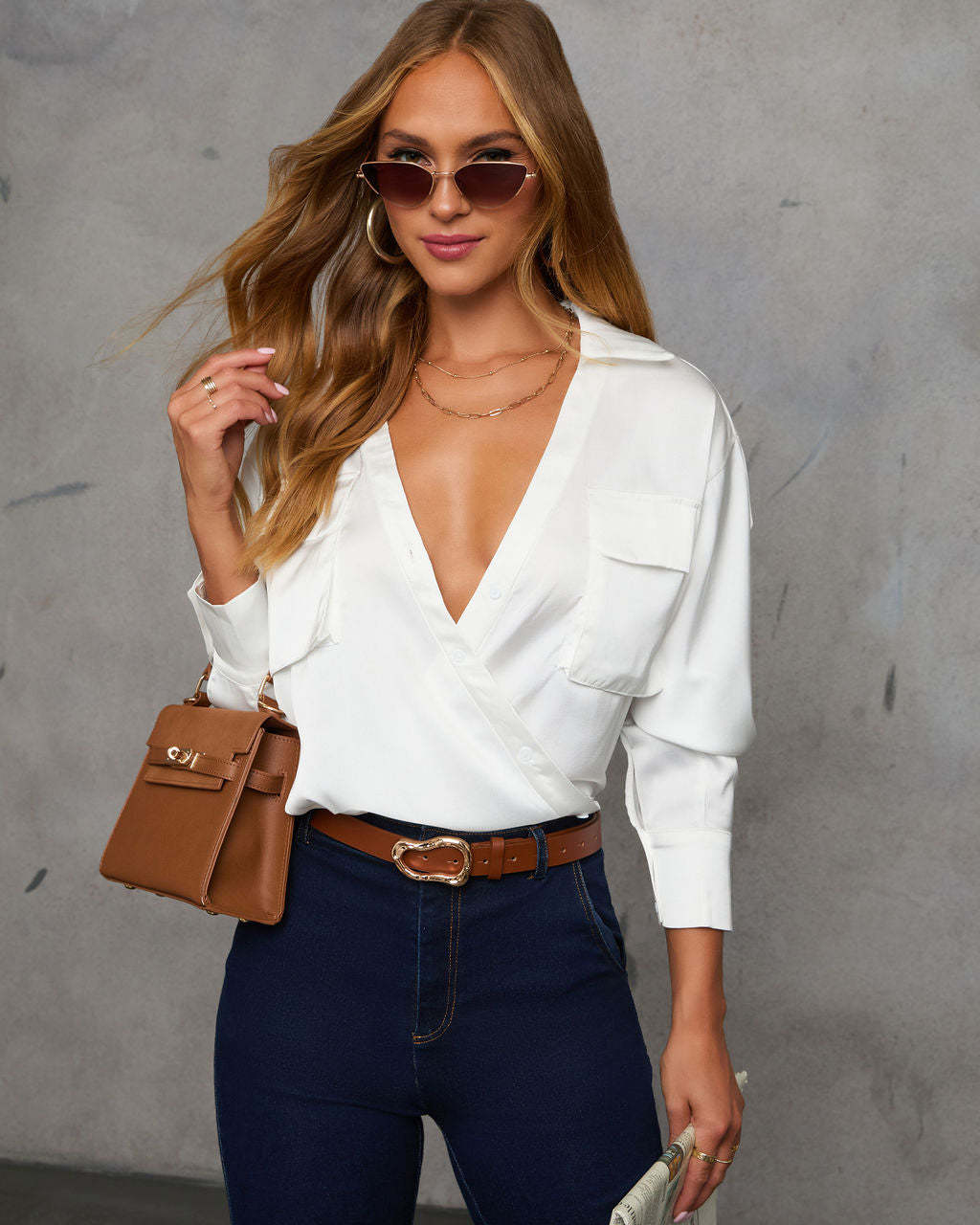 Veda Asymmetric Button Satin Top-Matylis