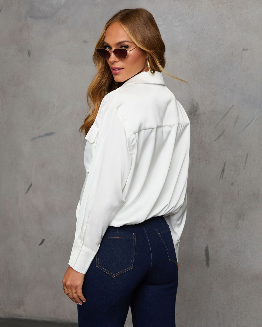 Veda Asymmetric Button Satin Top-Matylis