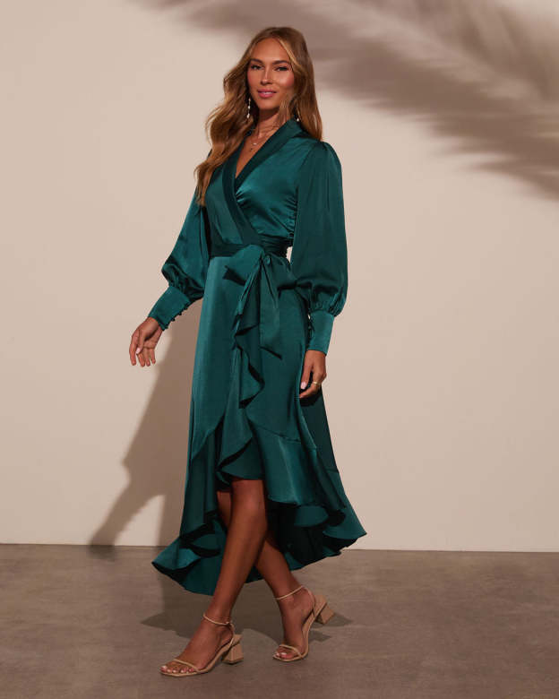 Vilma Satin Wrap Midi Dress-Matylis
