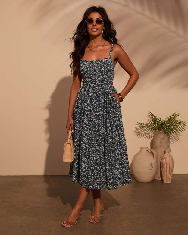 Vivvie Floral A Line Midi Dress-Matylis