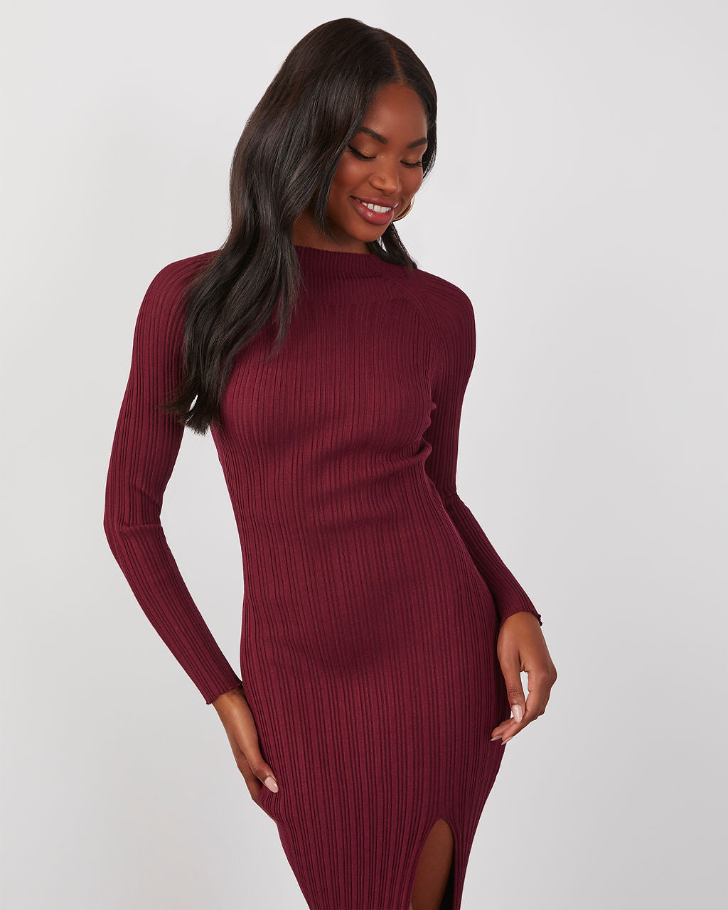 Thankful Soul Ribbed Mock Neck Midi Dress-Matylis