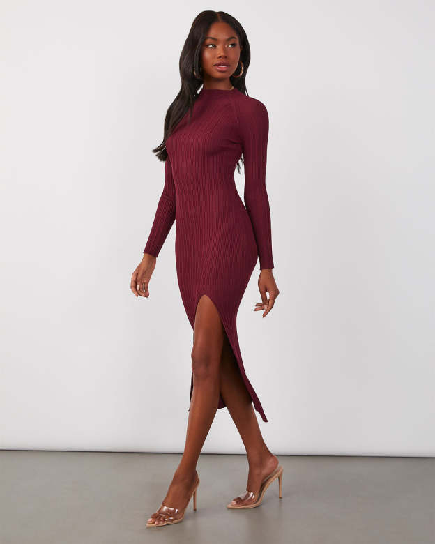 Thankful Soul Ribbed Mock Neck Midi Dress-Matylis