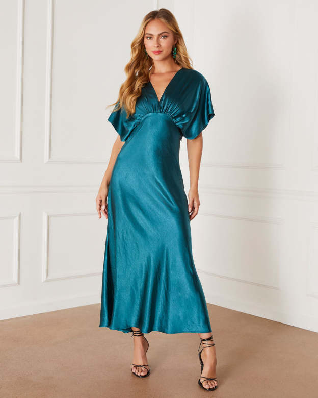 Theia Satin V-Neck Maxi Dress-Matylis