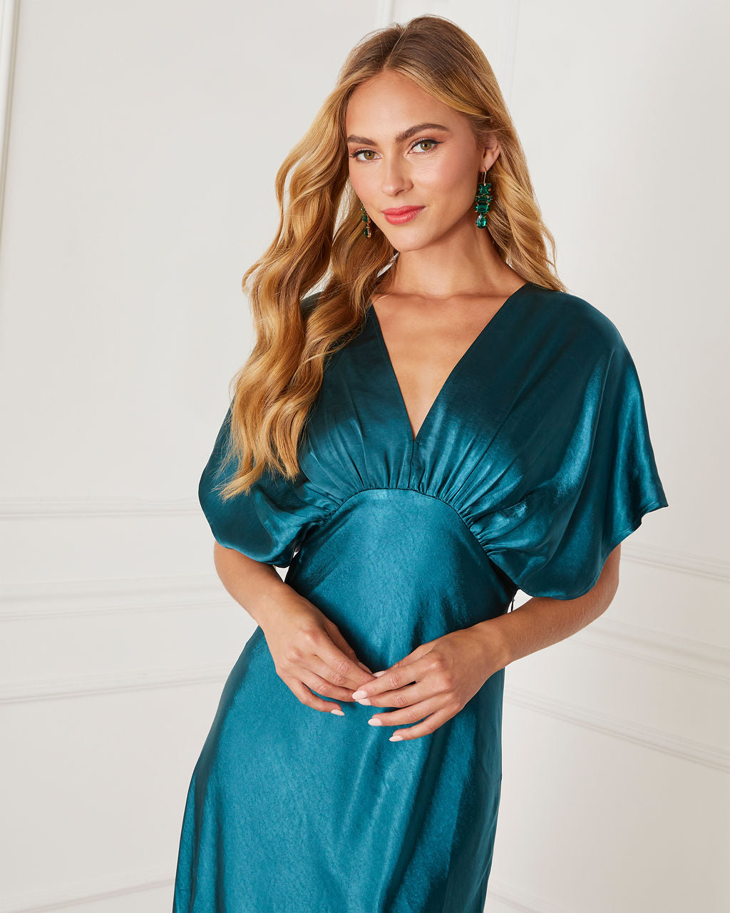 Theia Satin V-Neck Maxi Dress-Matylis