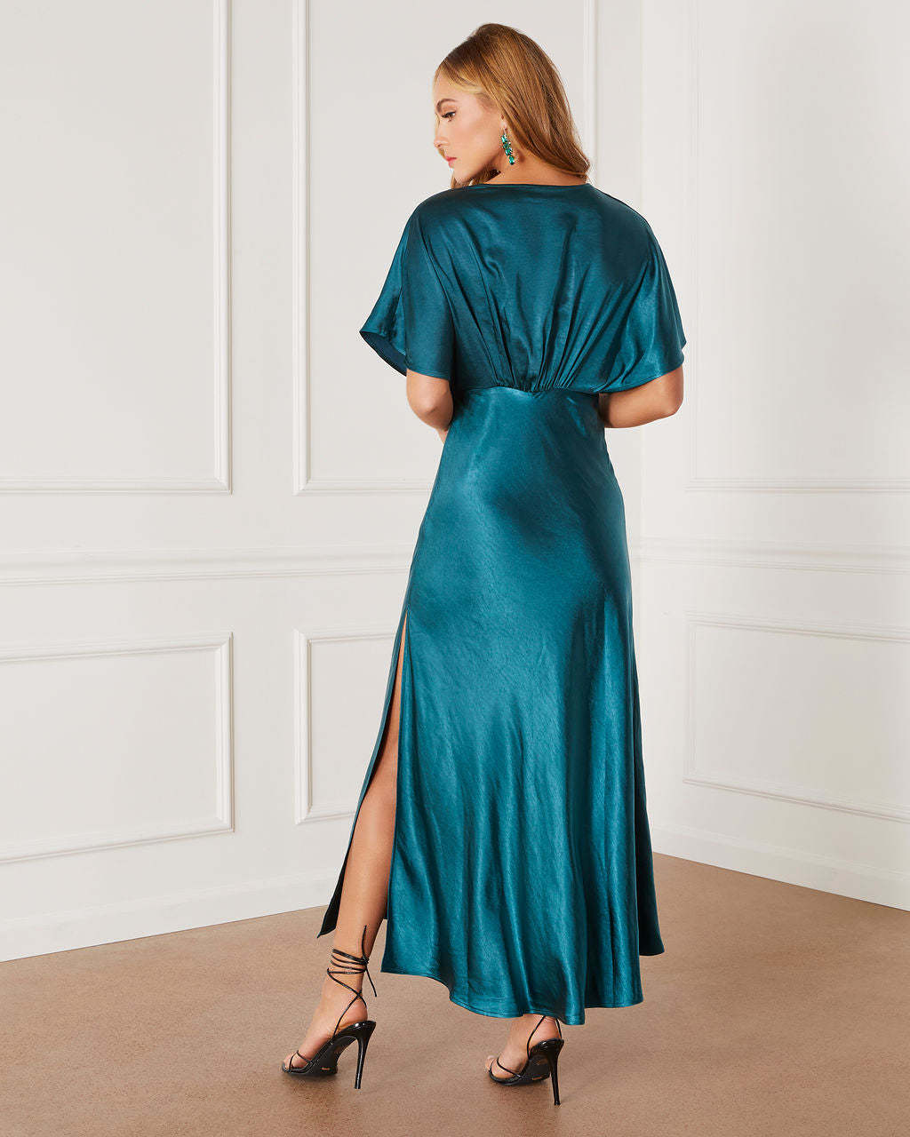 Theia Satin V-Neck Maxi Dress-Matylis