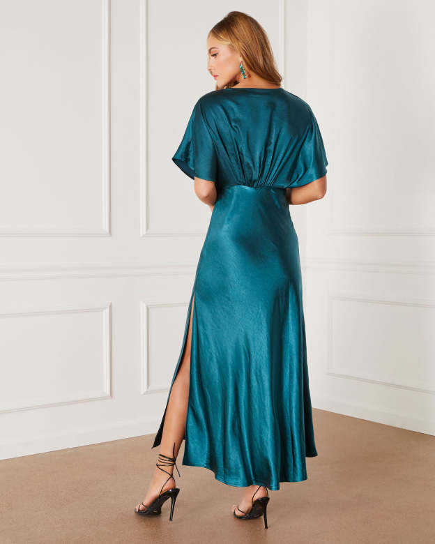 Theia Satin V-Neck Maxi Dress-Matylis