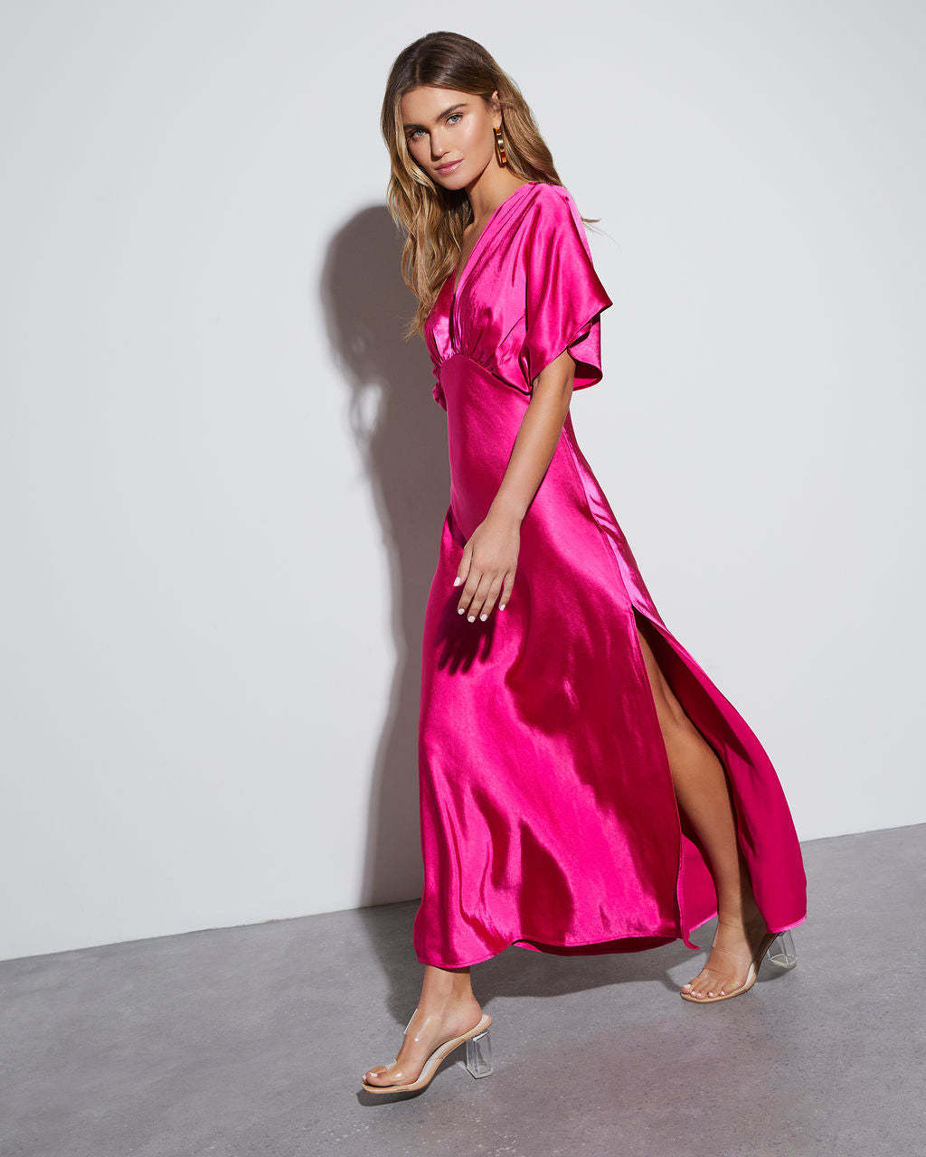 Theia Satin V-Neck Maxi Dress-Matylis