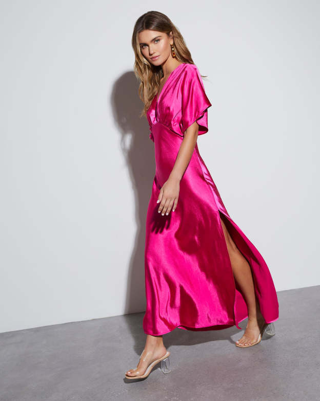 Theia Satin V-Neck Maxi Dress-Matylis