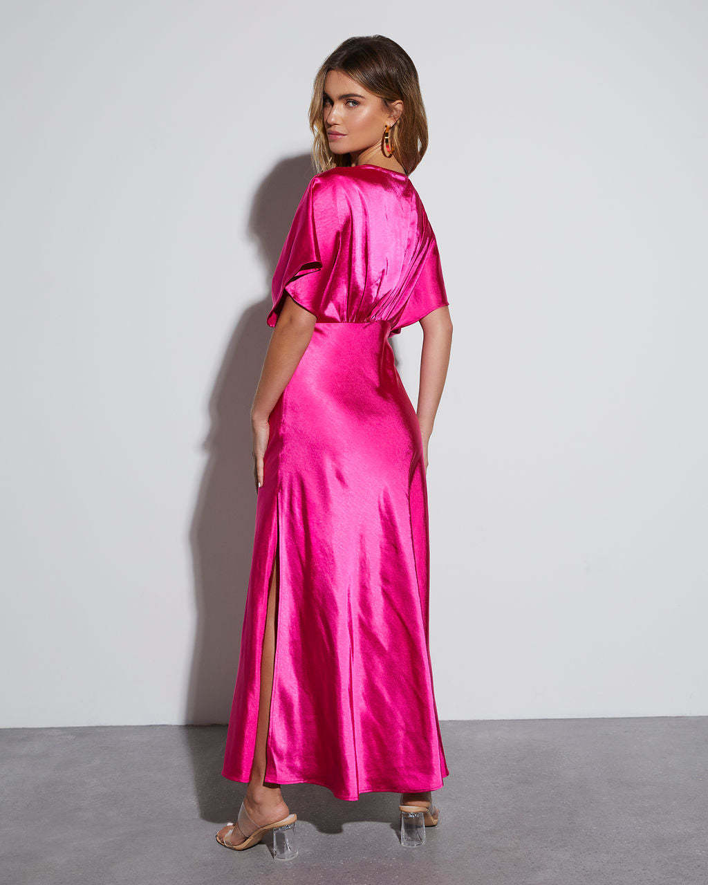 Theia Satin V-Neck Maxi Dress-Matylis