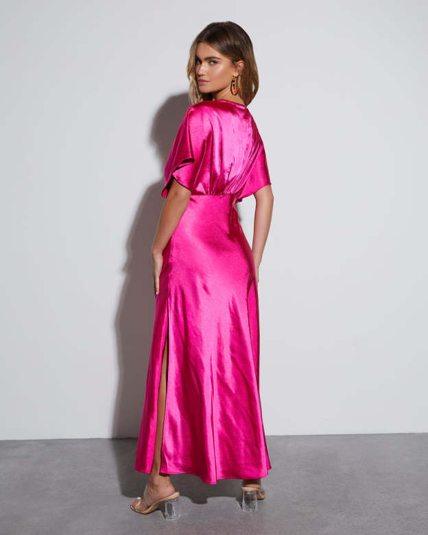 Theia Satin V-Neck Maxi Dress-Matylis