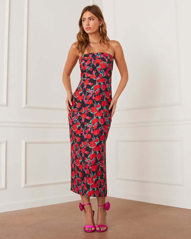 Thalia Strapless Floral Midi Dress-Matylis