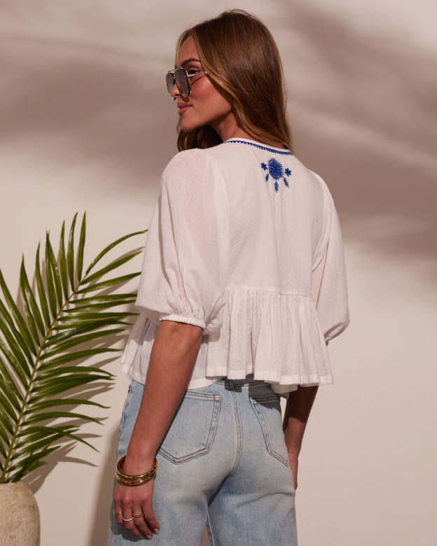 Wanderlight Embroidered Neck Tie Top-Matylis