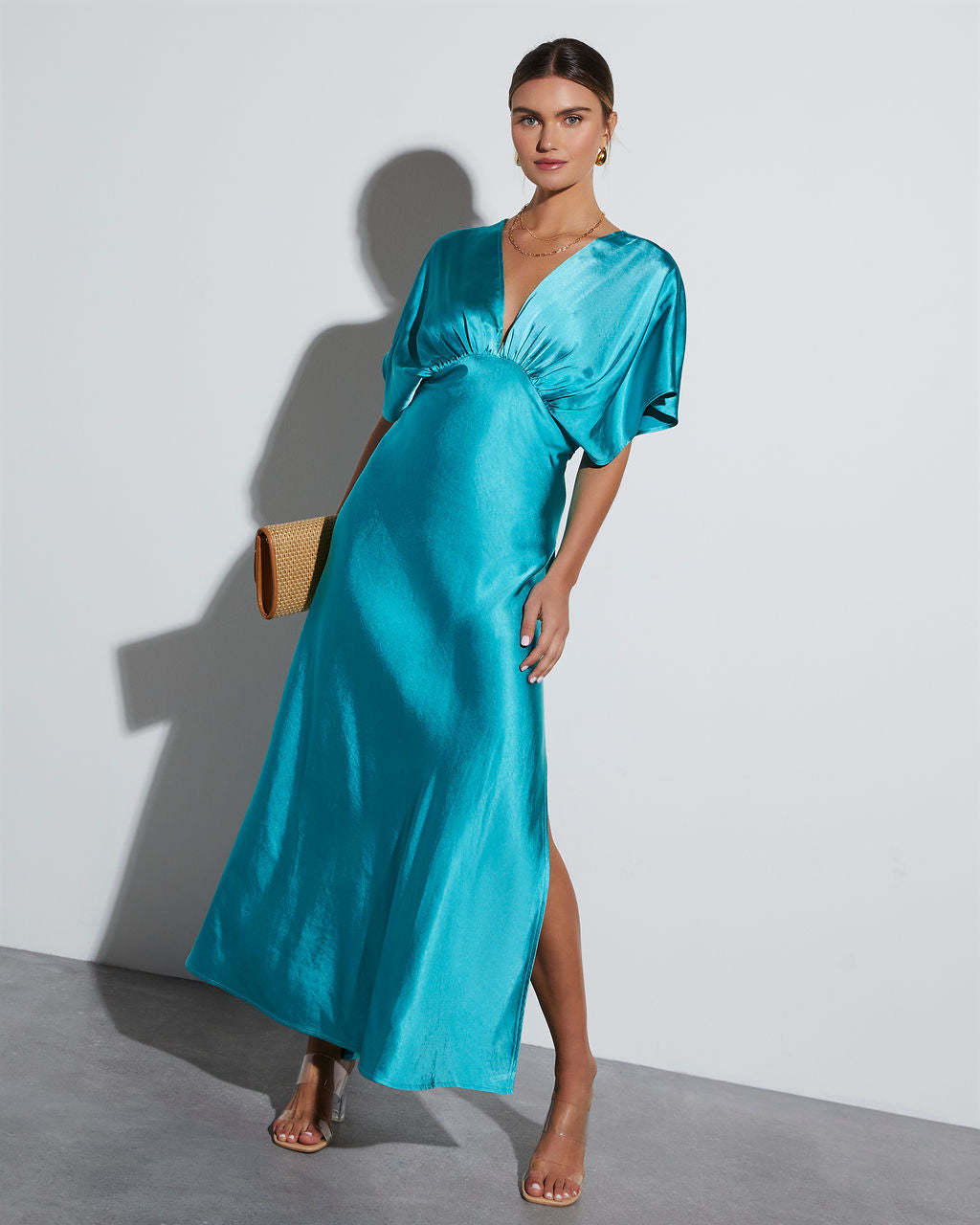 Theia Satin V-Neck Maxi Dress-Matylis
