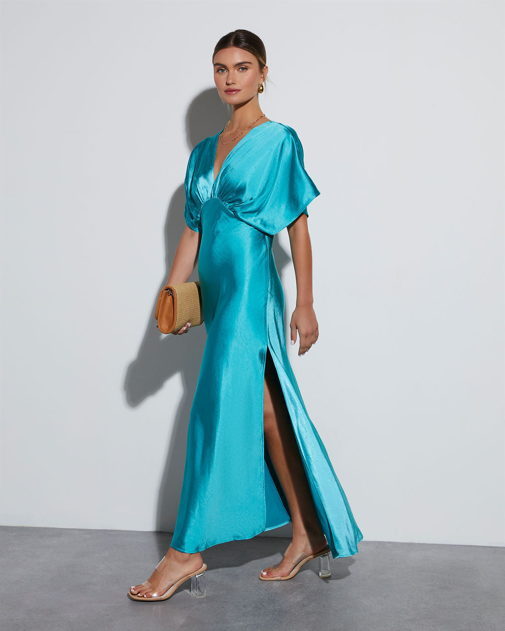 Theia Satin V-Neck Maxi Dress-Matylis