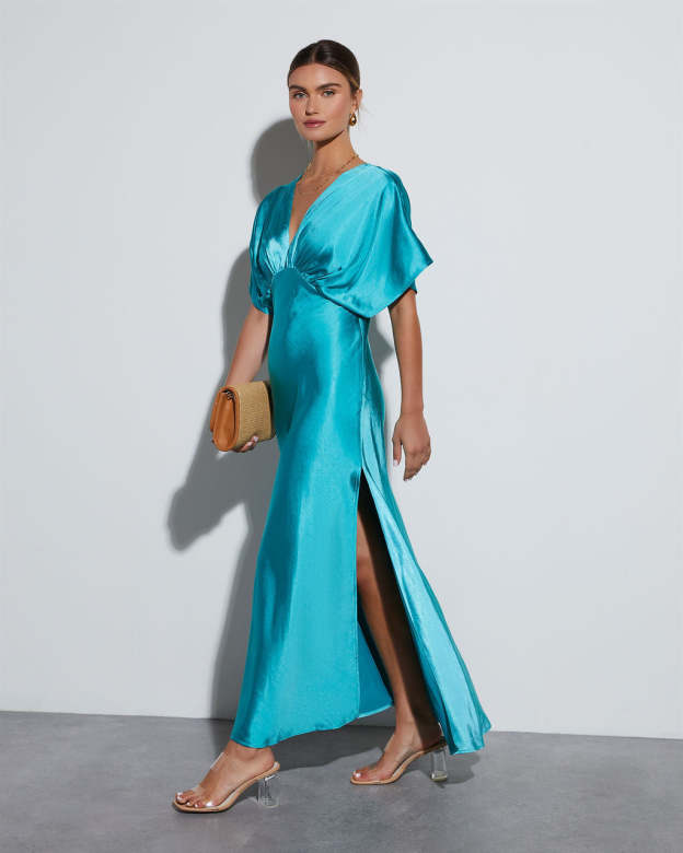 Theia Satin V-Neck Maxi Dress-Matylis