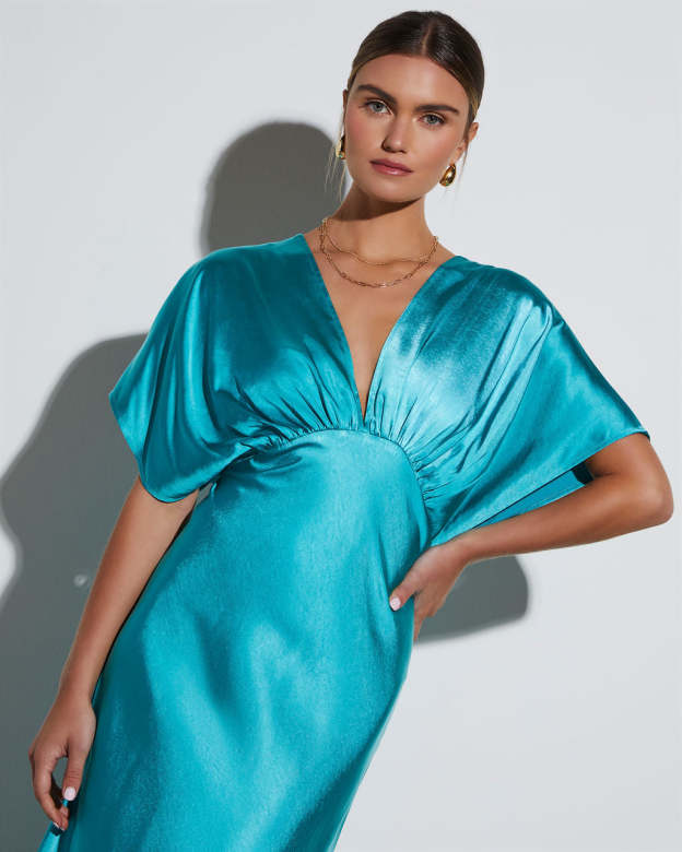 Theia Satin V-Neck Maxi Dress-Matylis