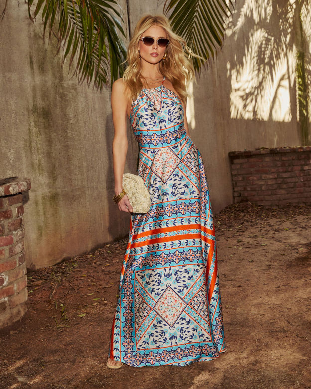Valia Abstract Slip Halter Maxi Dress-Matylis