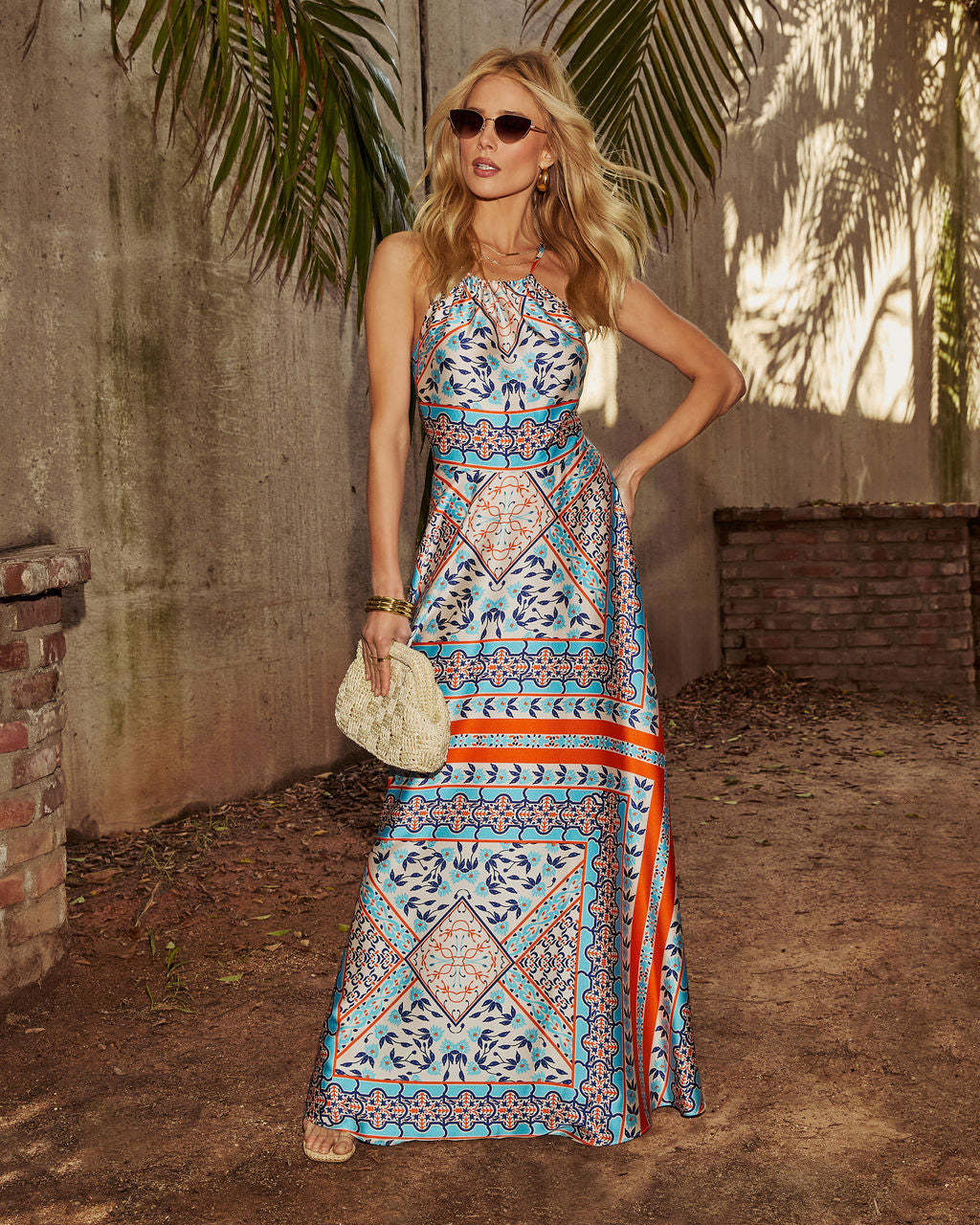 Valia Abstract Slip Halter Maxi Dress-Matylis