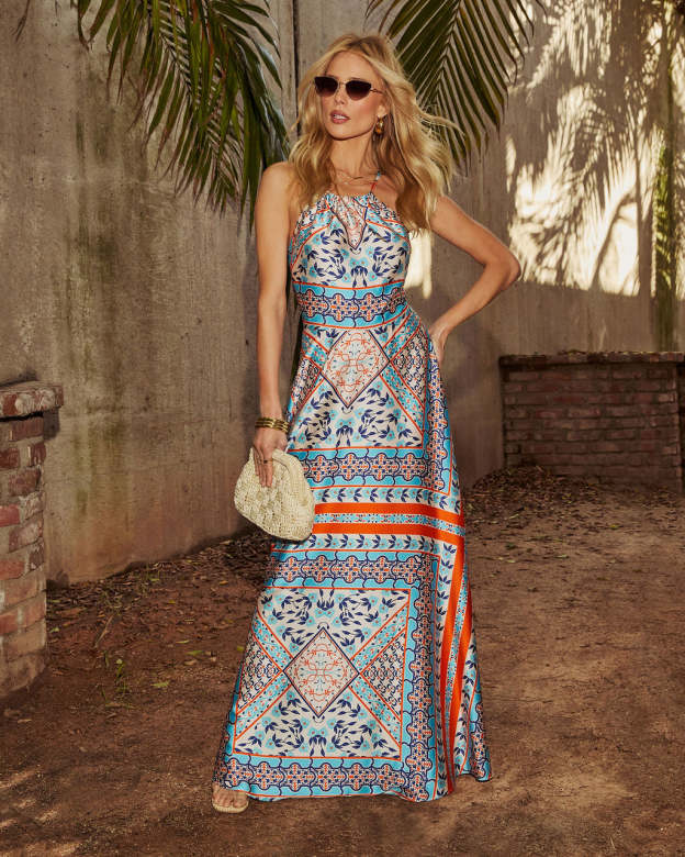 Valia Abstract Slip Halter Maxi Dress-Matylis