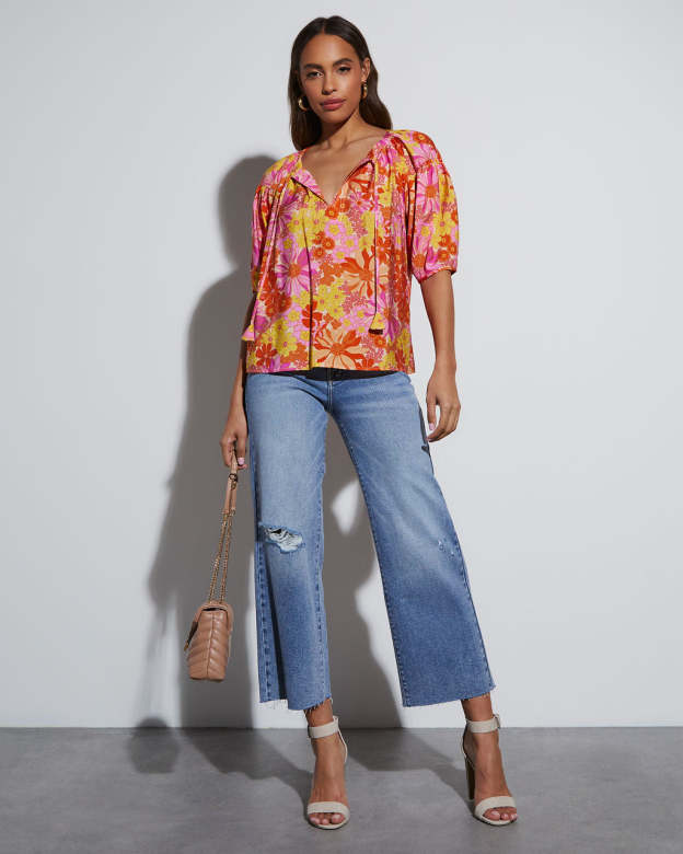 Tropical Escape Floral Short Sleeve Blouse-Matylis