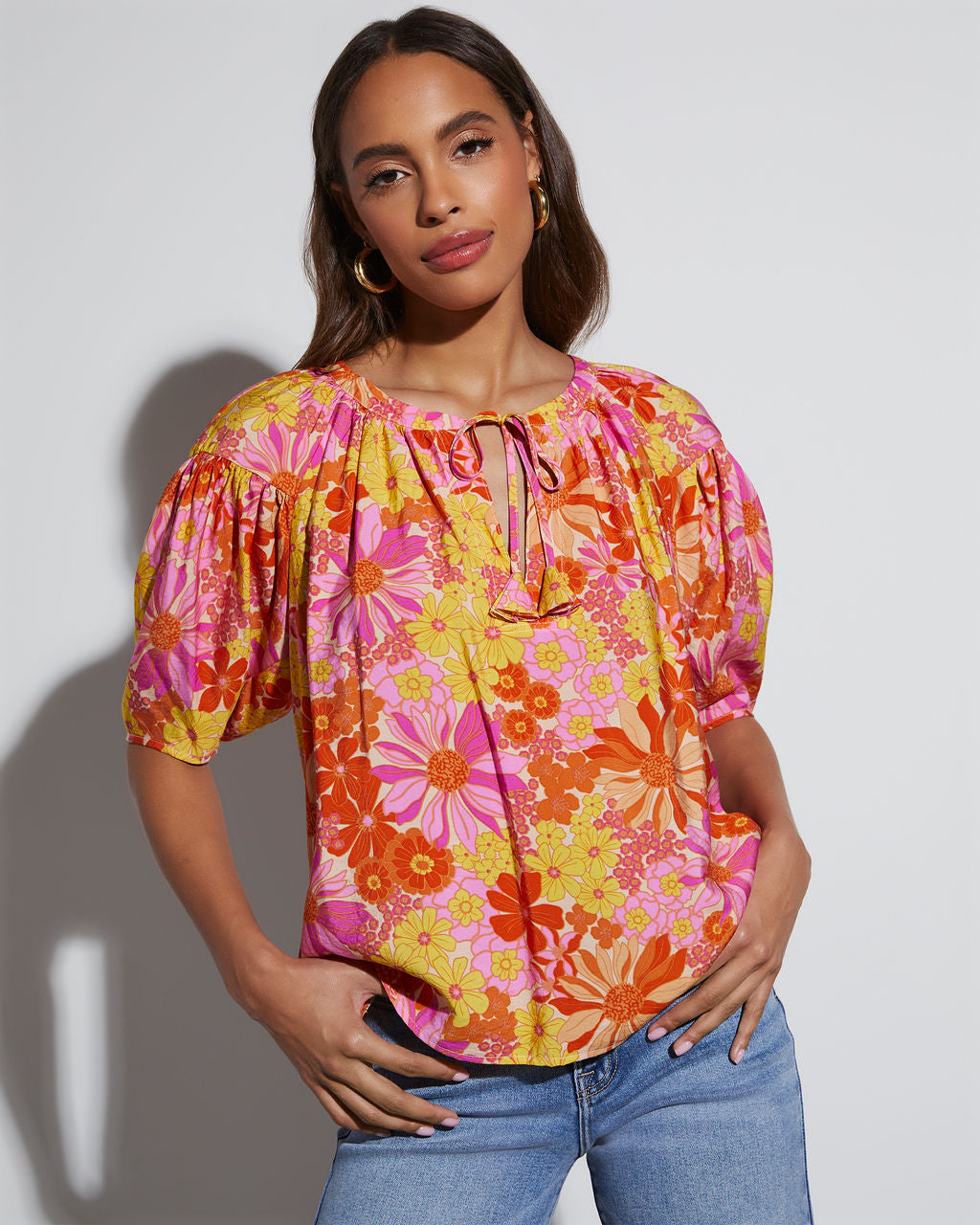 Tropical Escape Floral Short Sleeve Blouse-Matylis