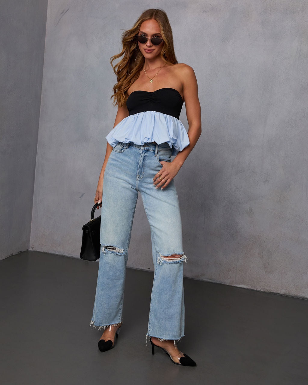 Winter Bloom Strapless Bubble Hem Top-Matylis