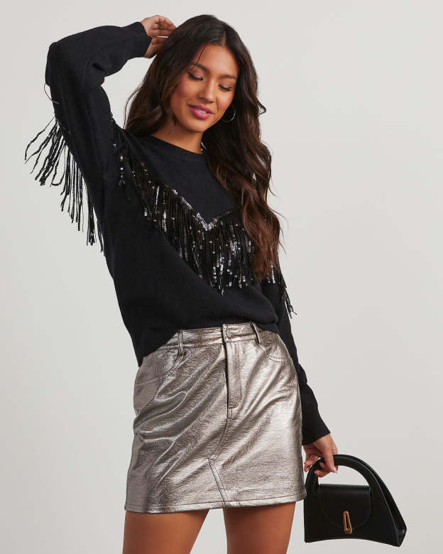 Western Glam Knit Fringe Sequin Pullover Sweater-Matylis