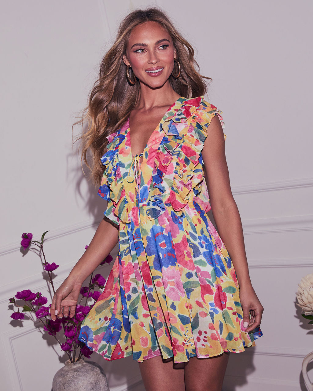Tinah Ruffle Floral Mini Dress-Matylis