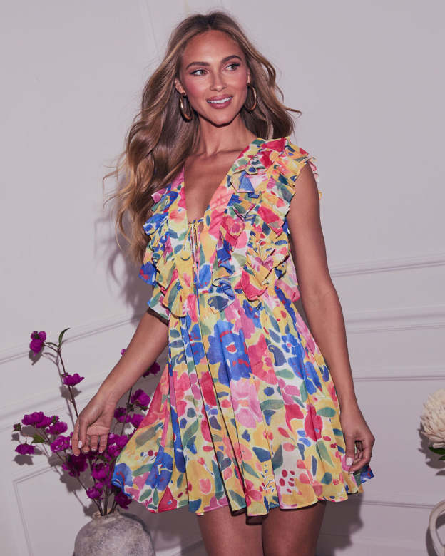 Tinah Ruffle Floral Mini Dress-Matylis