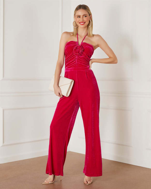Virgo Velvet Halter Rosette Jumpsuit-Matylis