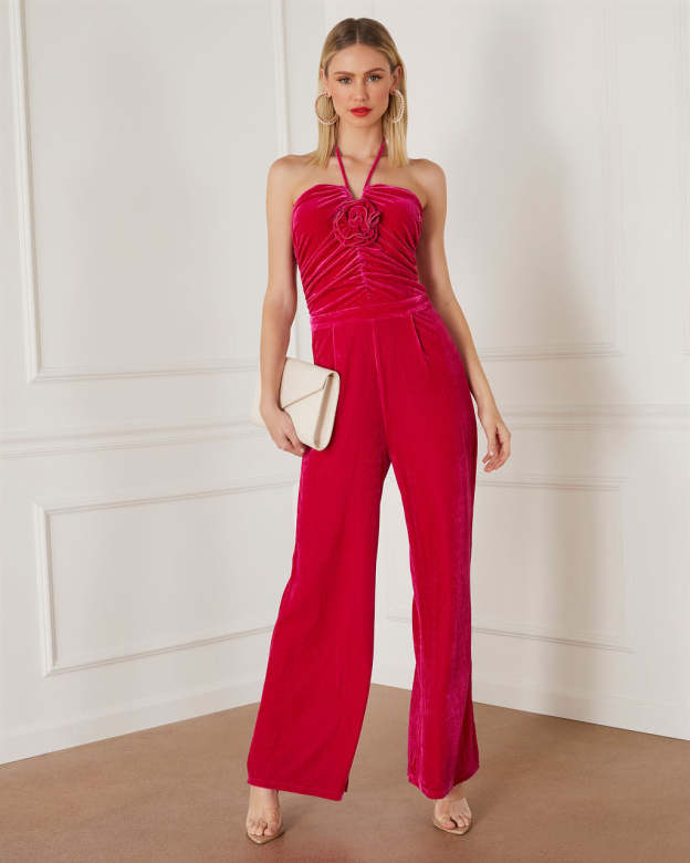 Virgo Velvet Halter Rosette Jumpsuit-Matylis