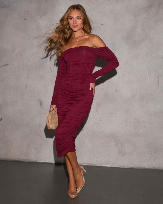 Twas The Night Drape Off The Shoulder Midi Dress-Matylis