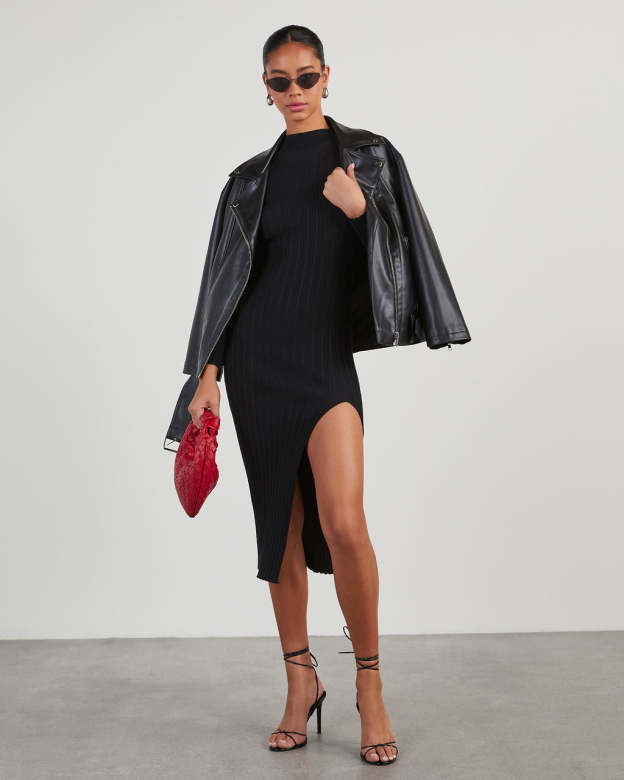 Thankful Soul Ribbed Mock Neck Midi Dress-Matylis
