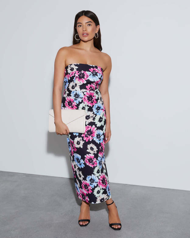 Thalia Strapless Floral Midi Dress-Matylis