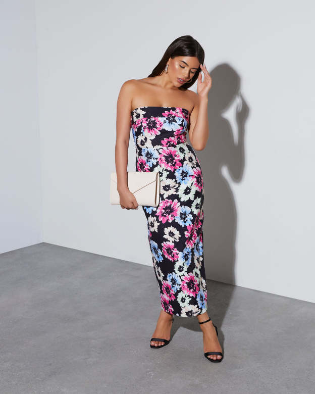 Thalia Strapless Floral Midi Dress-Matylis