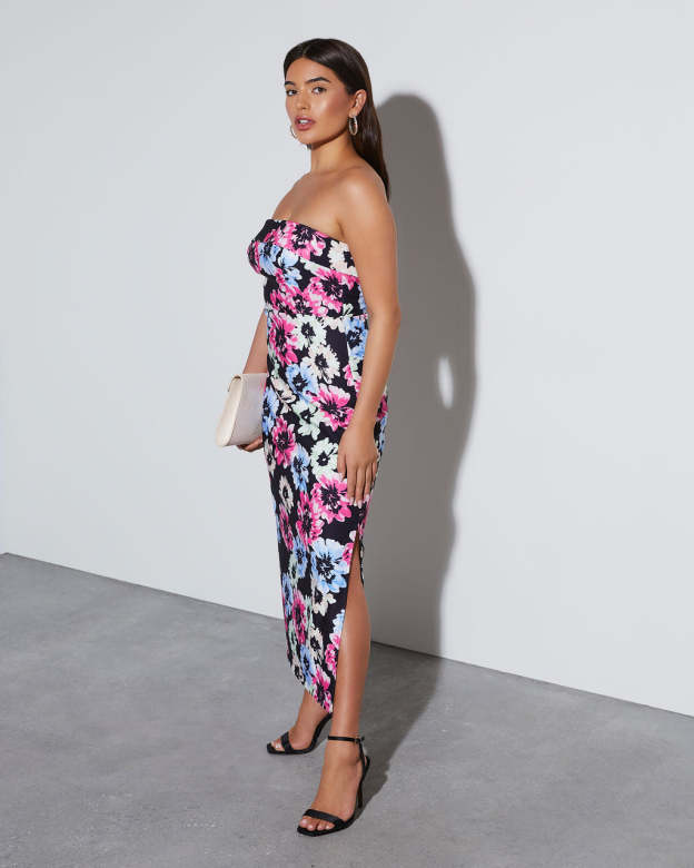 Thalia Strapless Floral Midi Dress-Matylis