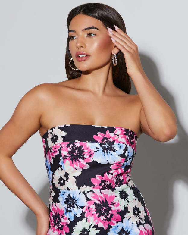 Thalia Strapless Floral Midi Dress-Matylis