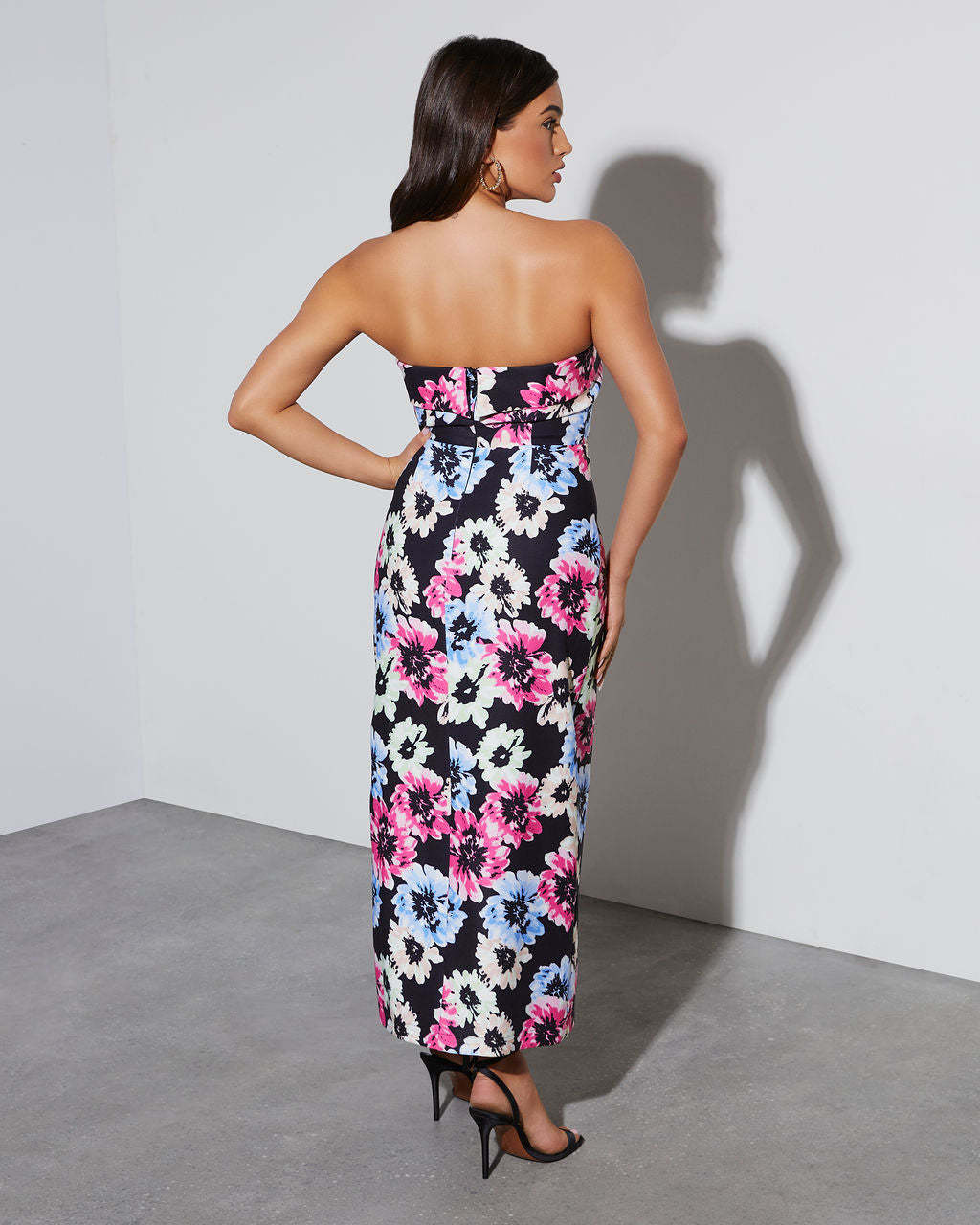 Thalia Strapless Floral Midi Dress-Matylis