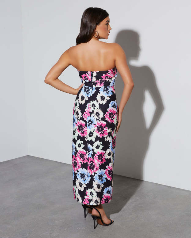 Thalia Strapless Floral Midi Dress-Matylis
