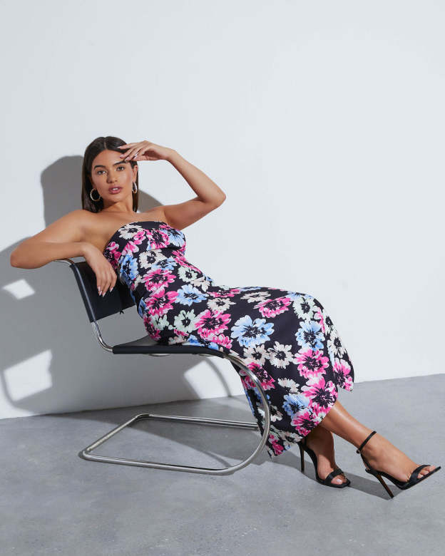 Thalia Strapless Floral Midi Dress-Matylis