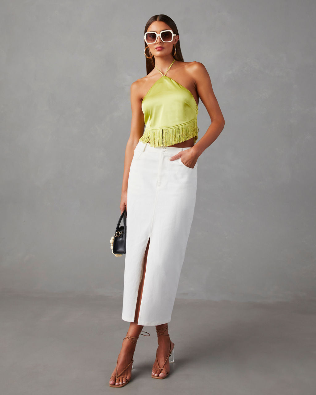 Viva La Vida Satin Fringe Hem Halter Top-Matylis