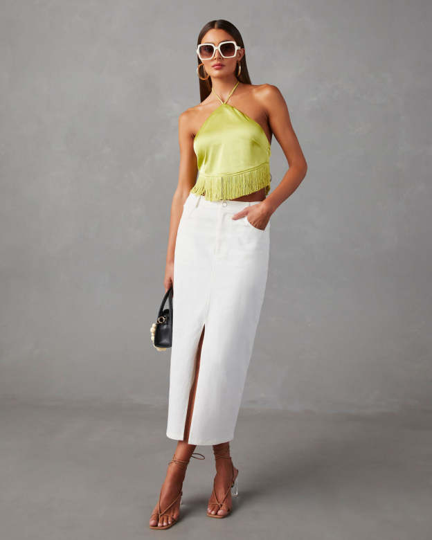 Viva La Vida Satin Fringe Hem Halter Top-Matylis